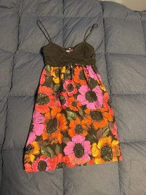 Anthropologie Black Bodice Floral Mini Dress with Pink & Orange Flowers
